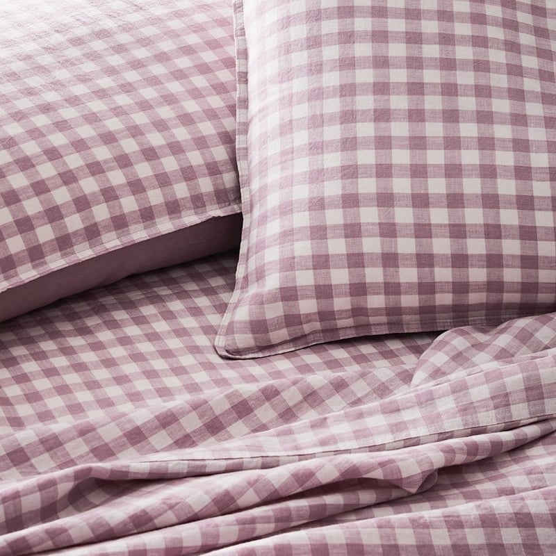 Vintage Washed Linen Dusty Mauve Check Sheet Set