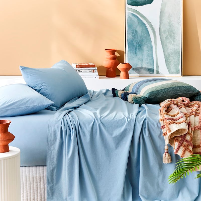 Stonewashed Cotton Sea Blue Sheet Set