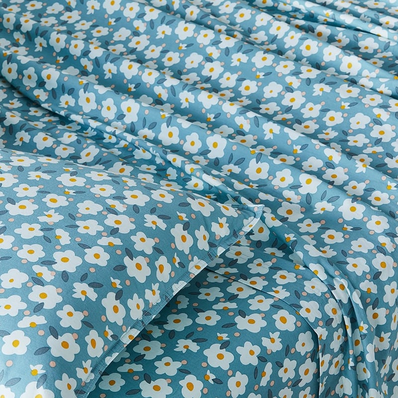 Stonewashed Printed Cotton Sage Daisy Sheet Separates
