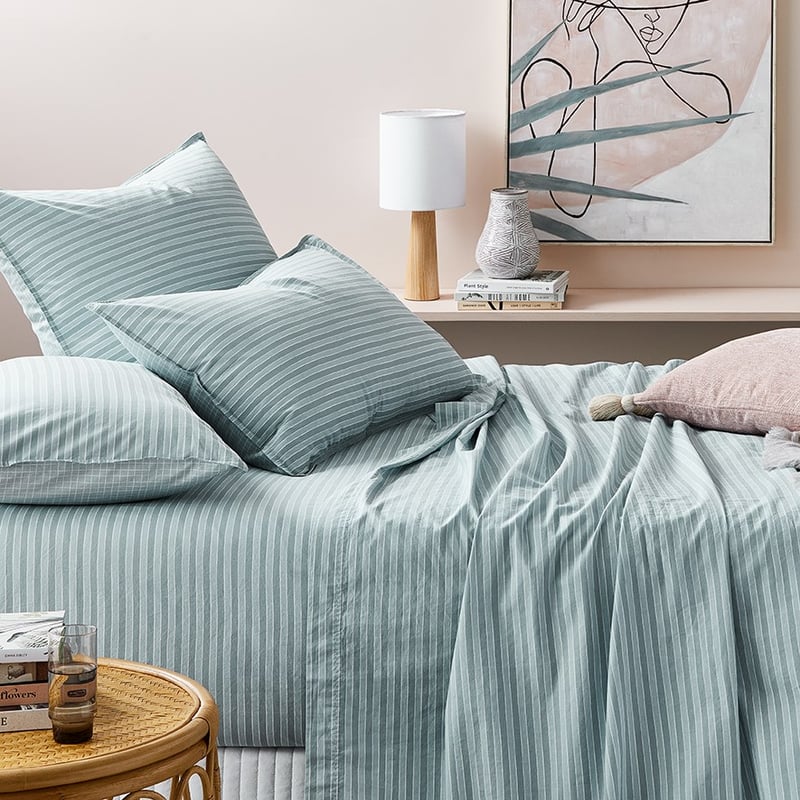 Stonewashed Printed Cotton Sage Lines Sheet Separates