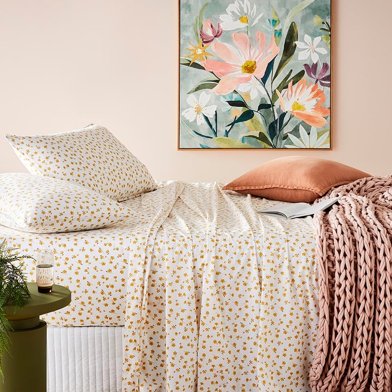 Stonewashed Printed Cotton Mustard Floral Sheet Set