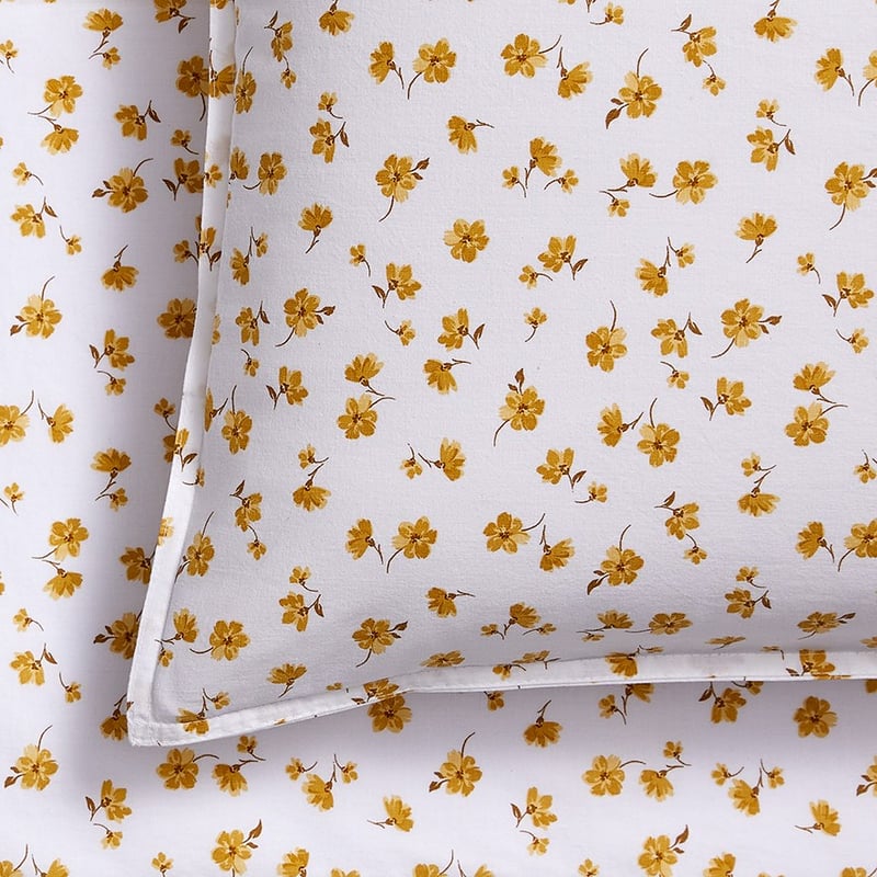 Stonewashed Printed Cotton Mustard Floral Sheet Set