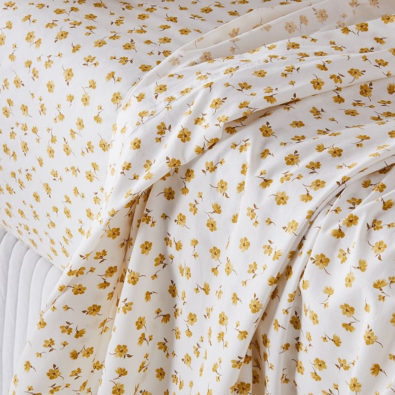 Stonewashed Printed Cotton Mustard Floral Sheet Set