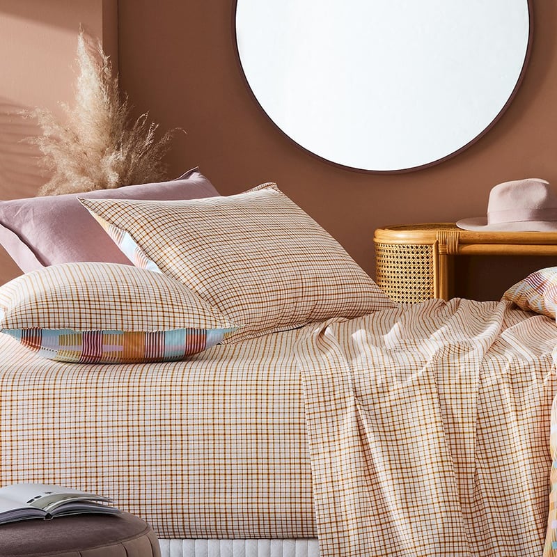 Stonewashed Printed Cotton Mustard Grid Sheet Set