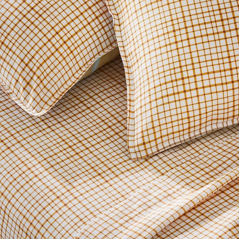 Stonewashed Printed Cotton Mustard Grid Sheet Set