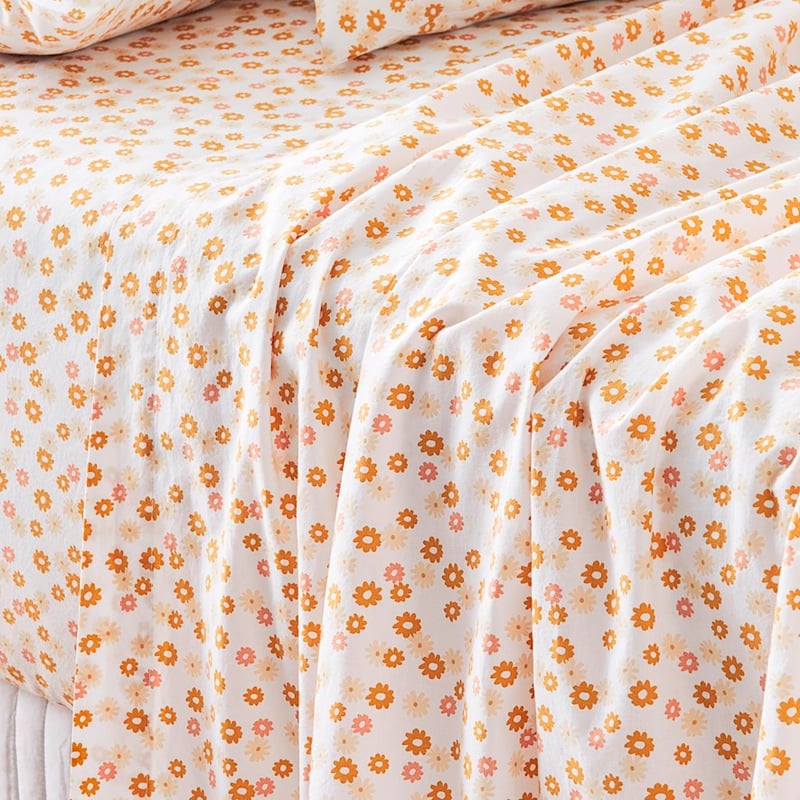 Stonewashed Printed Cotton Golden Daisy Sheet Set