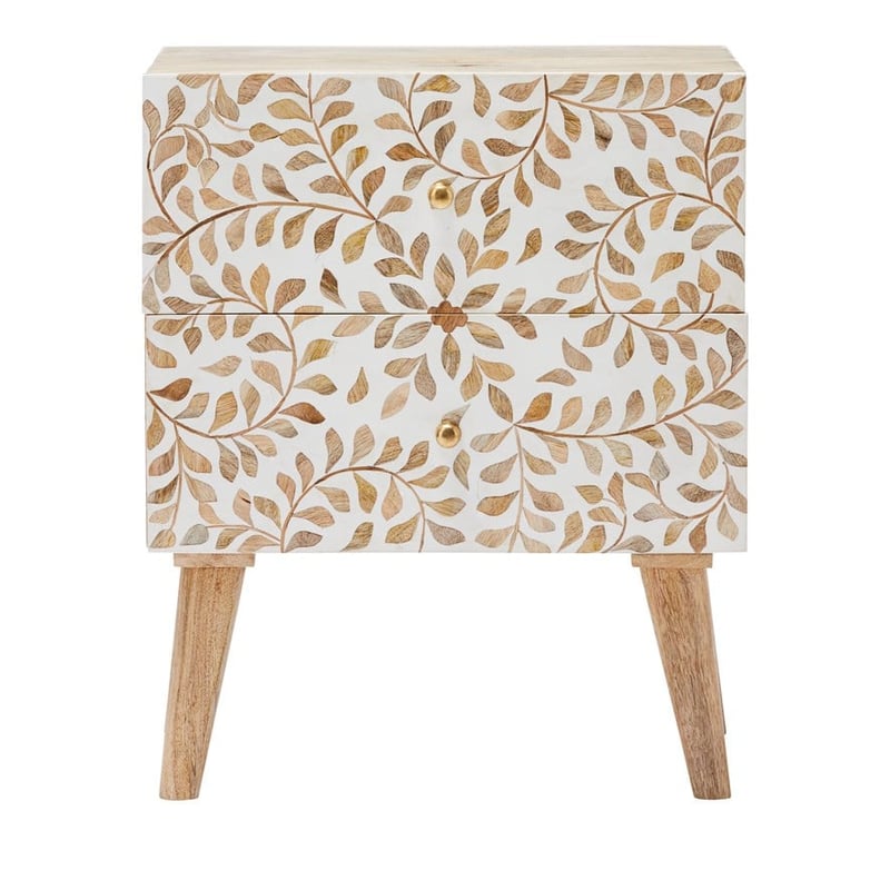 Kerala 2 Drawer White & Natural Flora Bedside Table 
