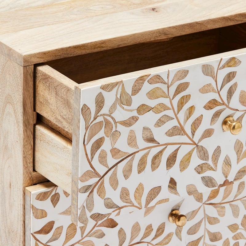 Kerala 2 Drawer White & Natural Flora Bedside Table 