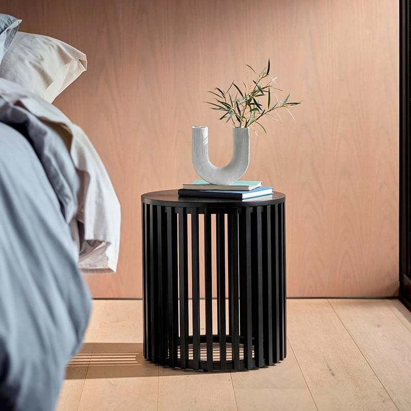 Slat Black Round Bedside Table