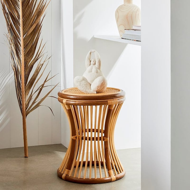 Georgia Walnut & Natural Rattan Round Side Table