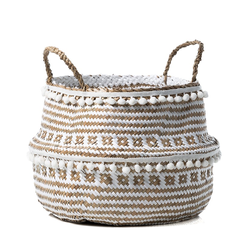 Aztec Pom Pom Collapsible Basket White 