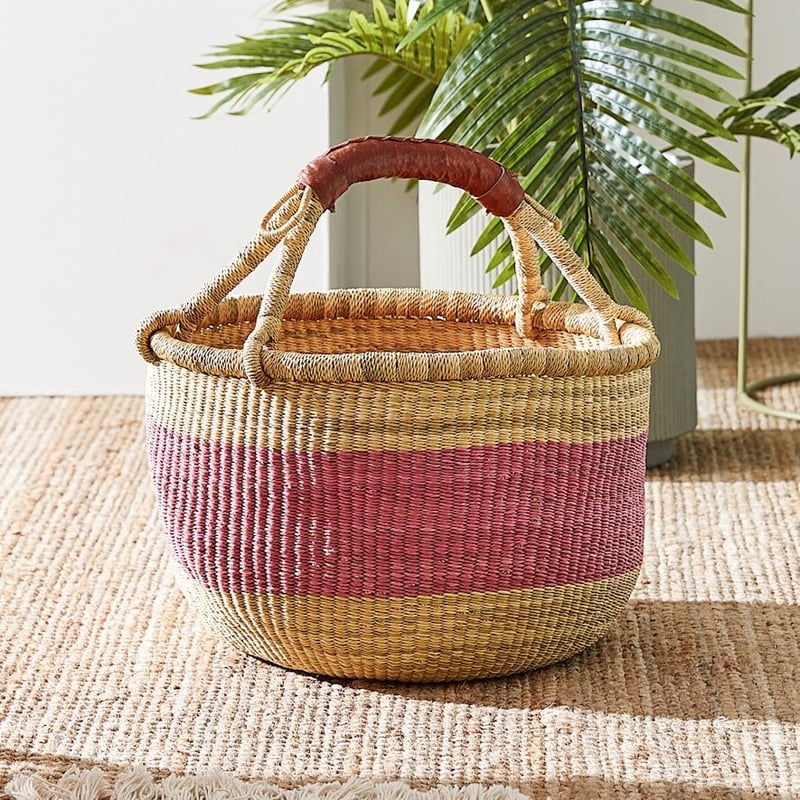Bolga Pink & Natural Round Basket