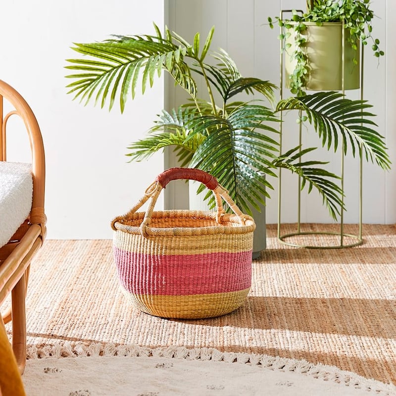 Bolga Pink & Natural Round Basket