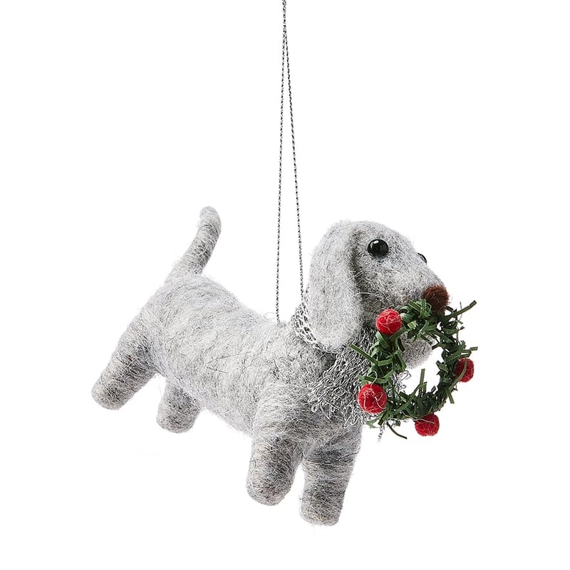 Dog with Wreath Grey Felted Friends Ornament