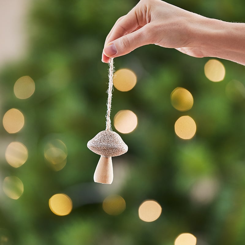 Hanging Wooden Champagne Mushroom Ornament
