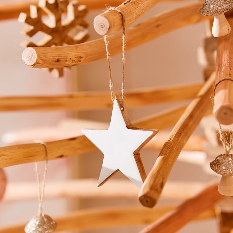 Hanging Star Natural & White Timber Ornament
