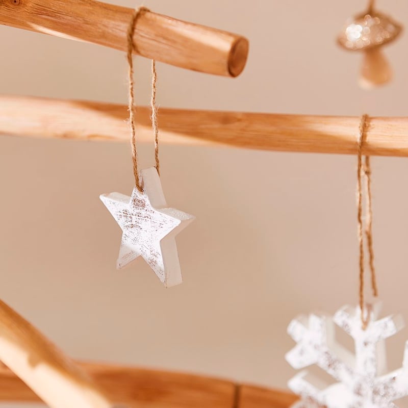 Hanging Silver & White Timber Stars Pack of 5