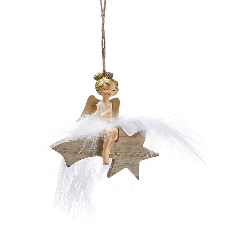 Hanging Feather Angel On A Star Decoration
