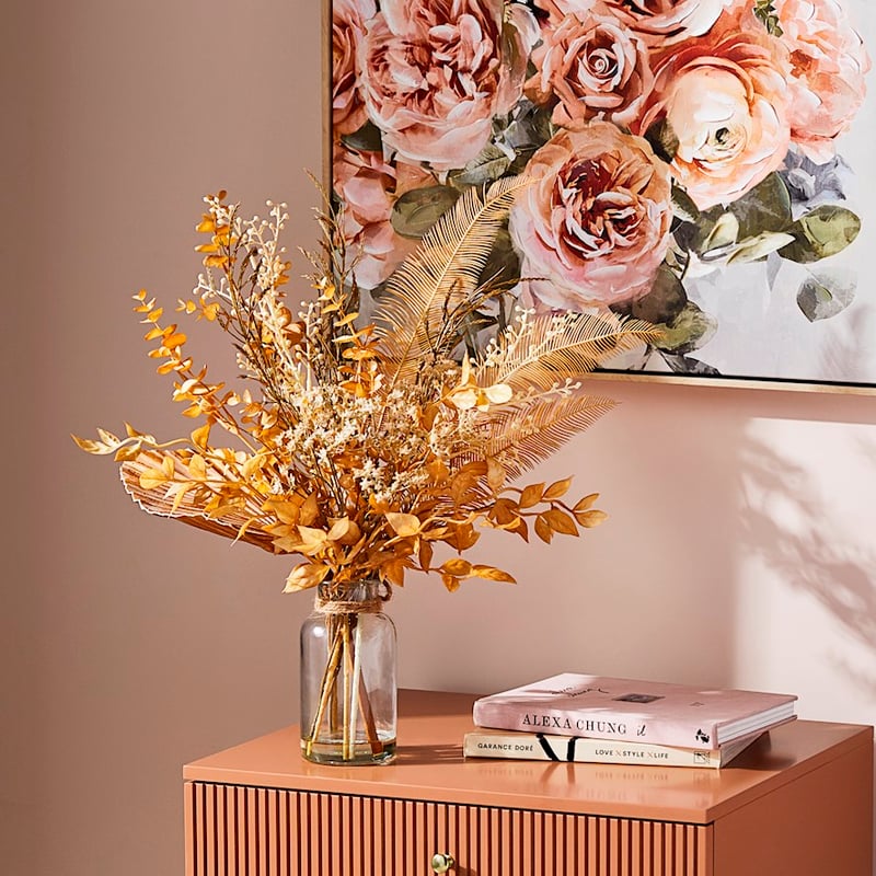 Winter Gold Fan & Feather Stem Bouquet in Vase