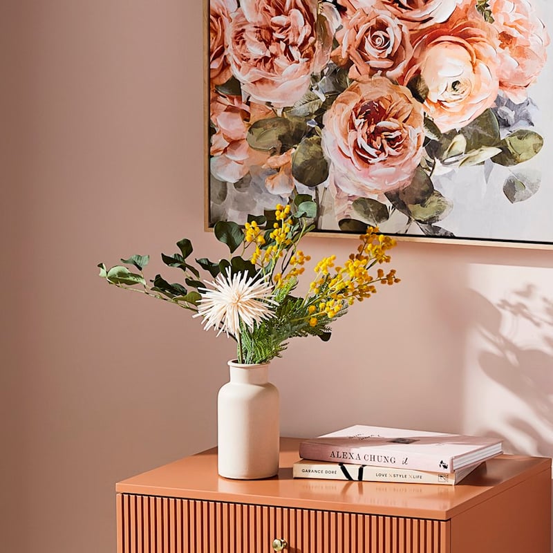 Flora Green & Yellow Wattle & Curled Mum In Ceramic Vase 