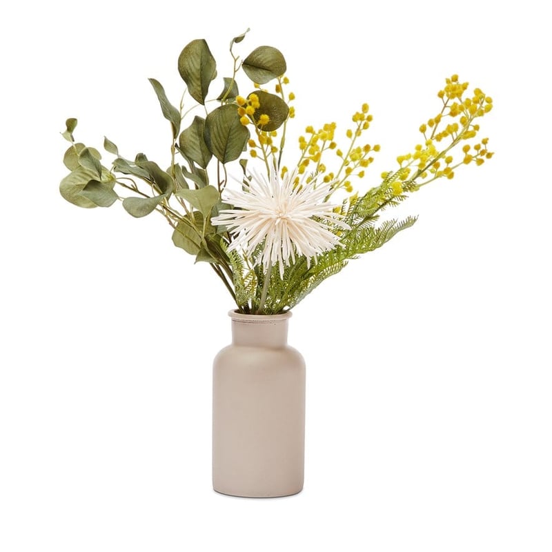 Flora Green & Yellow Wattle & Curled Mum In Ceramic Vase 