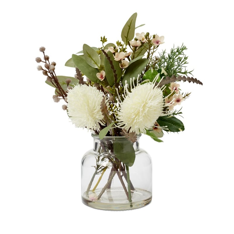Native Bouquet In Green & White Banksias & Blossoms Vase 