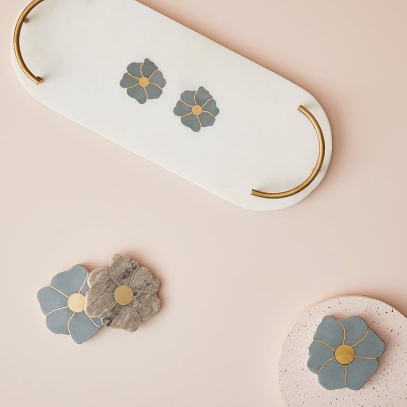 Daisy White & Green Marble Tray