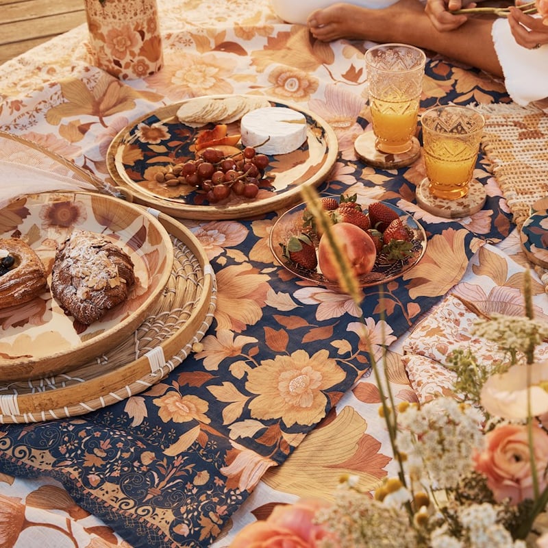 Wandering Folk Dawn Floral Navy Linen Table Runner