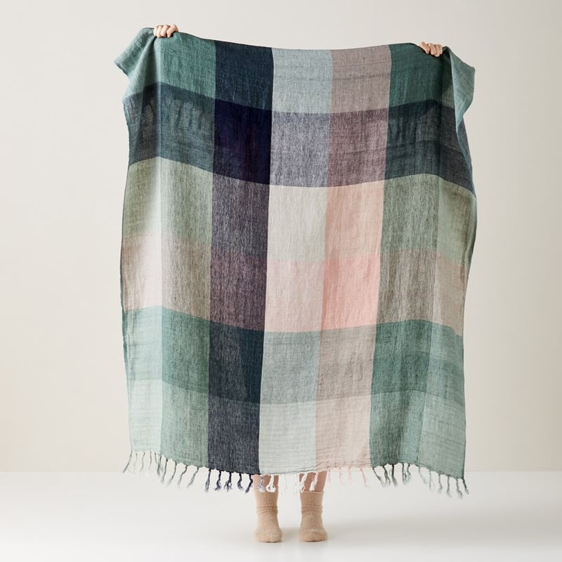 Rae Malmo Multi Greens Check Linen Throw