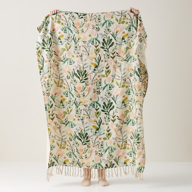 Habitation Floral Green & Pink Linen Throw
