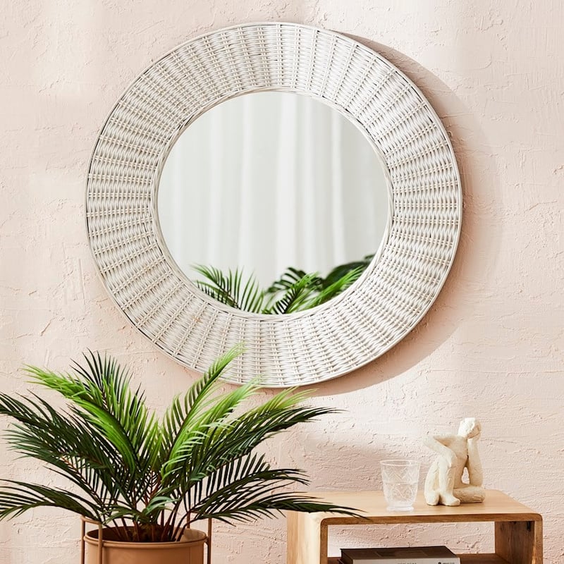 Rattan Antique White Round Woven Mirror