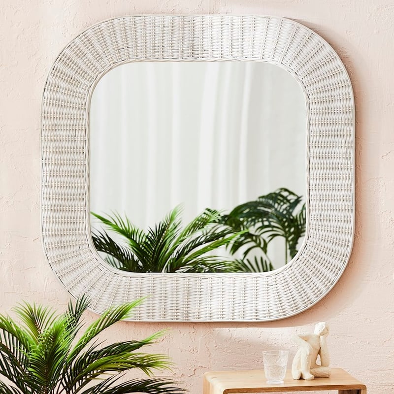 Rattan Antique White Square Woven Mirror