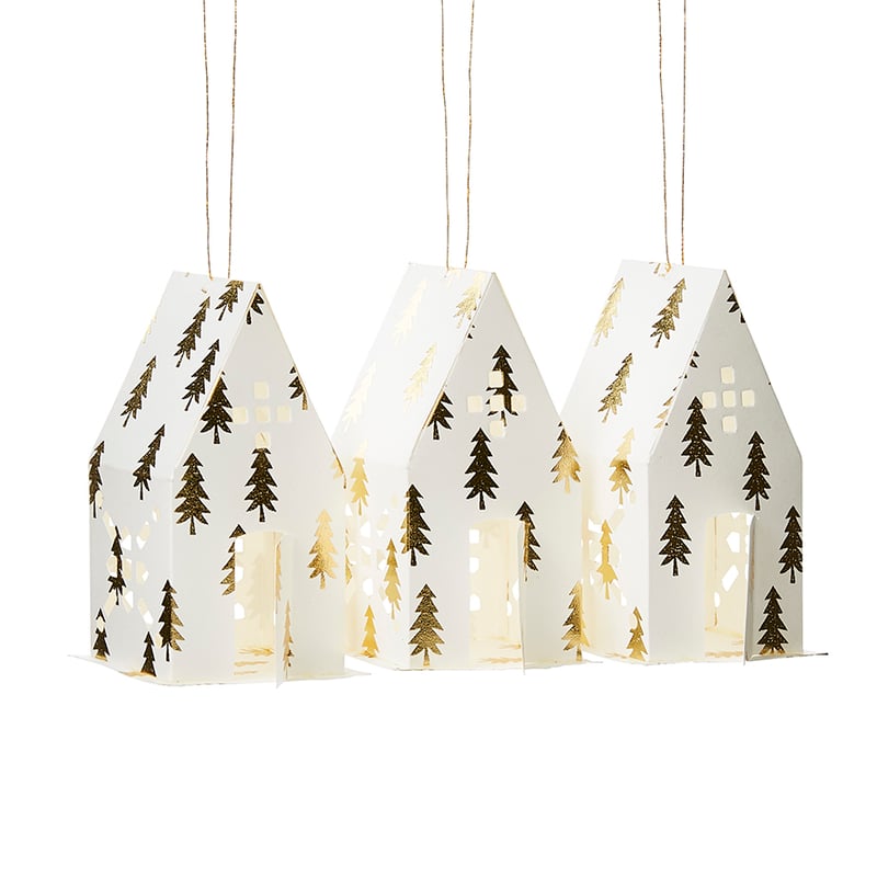 Hanging Paper Ornaments Pack of 3 House Gold & White 