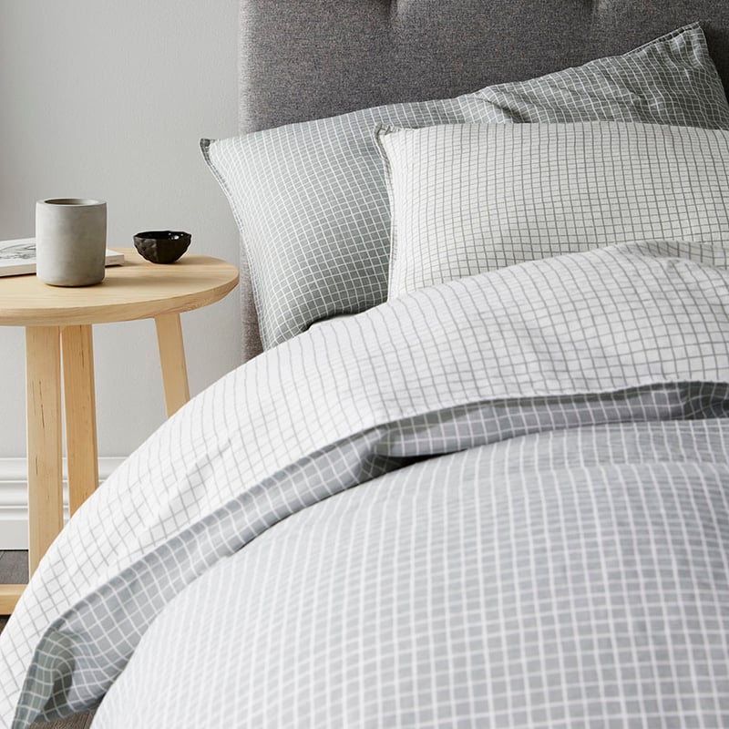 Vintage Washed Linen Silver Grid Quilt Cover