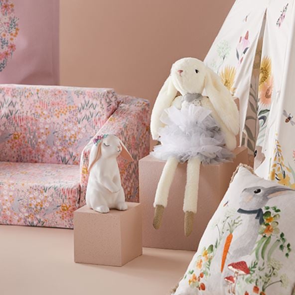 Selection of kids products including Bunny Night Light, Bunny Ballerina Plush Toy, Tepee, Cushion and Flip Out Sofa. 