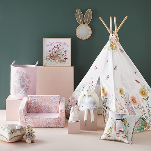 Selection of kids products including Bunny Night Light, Bunny Ballerina Plush Toy, Tepee, Cushion and Flip Out Sofa. 