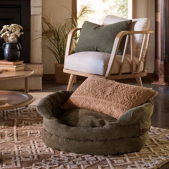 A sunlit window behind a corduroy, forest green dog bed sitting on the floor in front of a cushioned timber armchair.