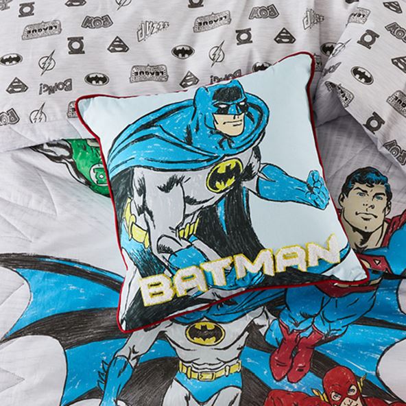 Bird’s eye view of Justice League Quilt Cover with matching cushion on top. 