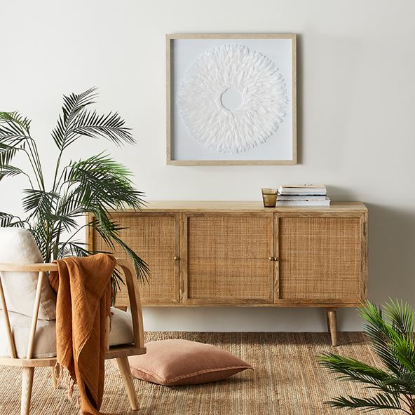 Anjuna Sideboard styled in living space with white textured Wall Art.