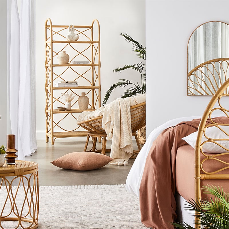 Bedroom styled with Bahama Rattan Furniture Range and Bamboo Linen for summer.