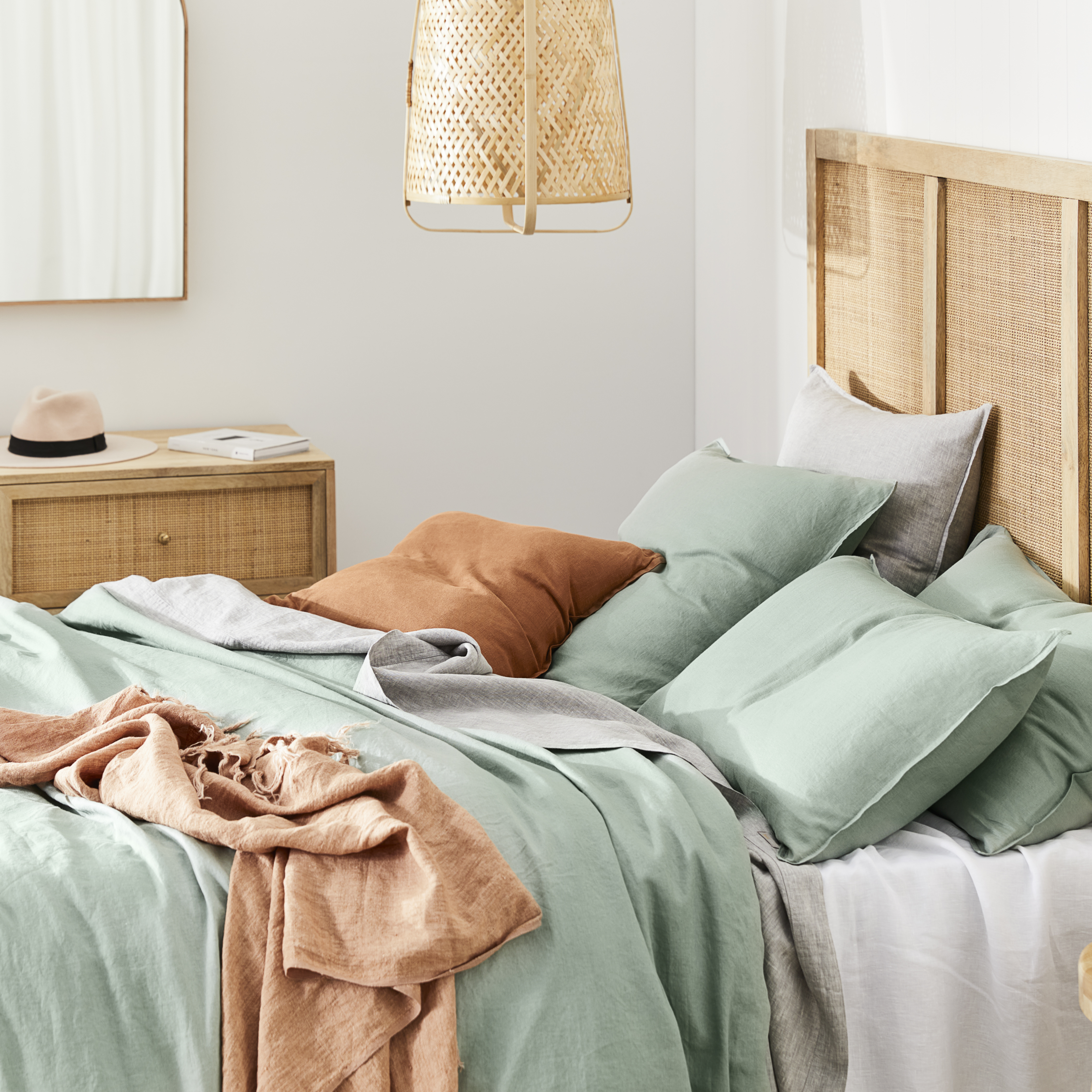 Discover our seasonal Washed Linen layered the the colours Eucalyptus and Grey Marle.