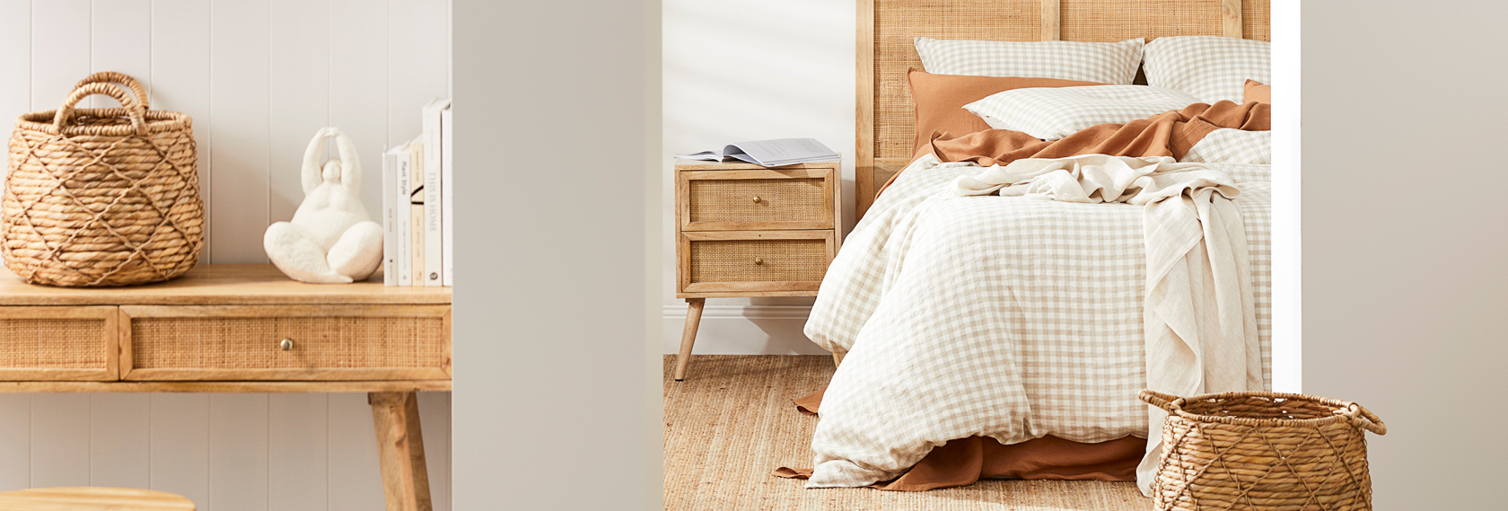 Home beautifully decorated with Adairs products, focus on bedlinen and bedroom furniture.