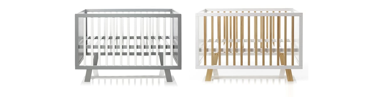 Light grey framed cot with white slats on side, white framed cot with timber slats on side.