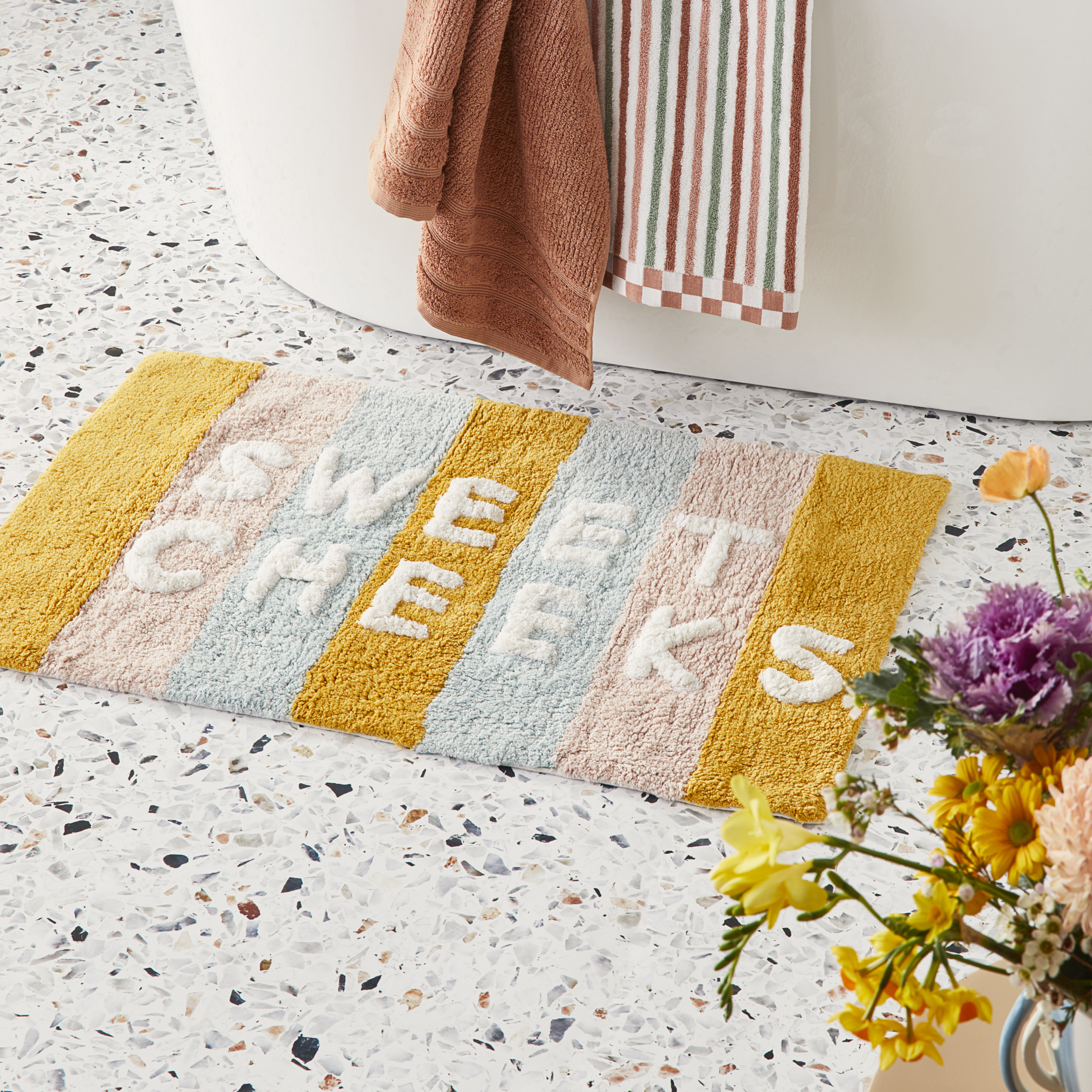 Sweet Cheeks Mustard Multi Stripe Bath Mat Adairs