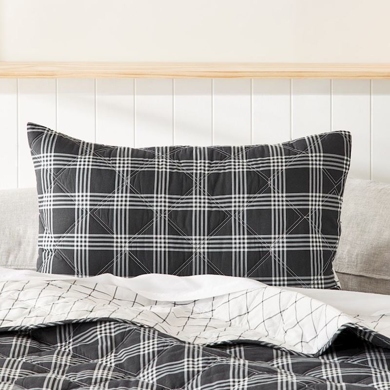 Stonewashed Cotton Printed Black Checkerboard Quilted Coverlet + Pillowcases