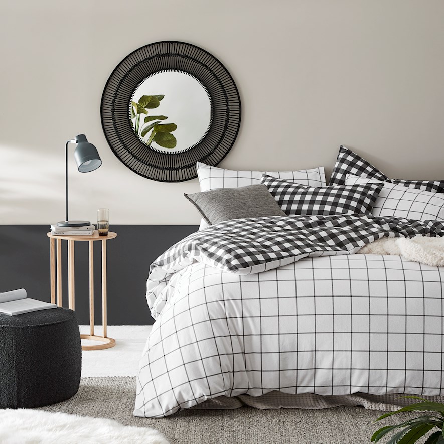 Printed Gingham Charcoal Flannelette Quilt Cover Set + Separates Adairs