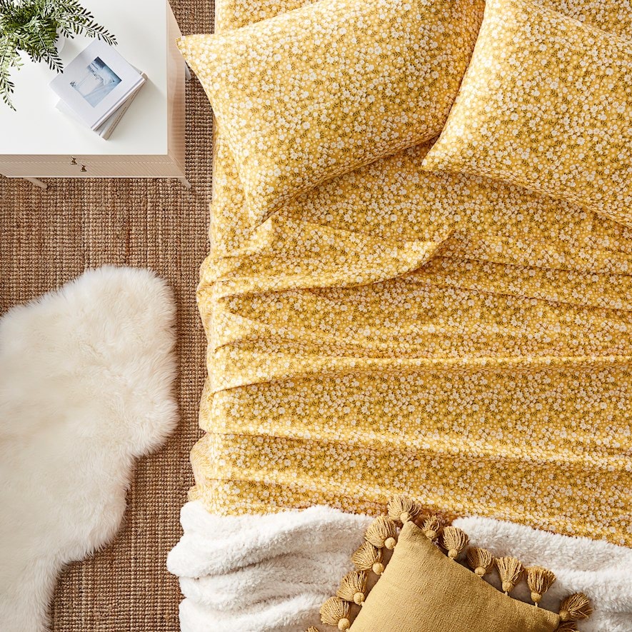 Printed Flannelette Mustard Floral Sheet Set | Bedding | Adairs