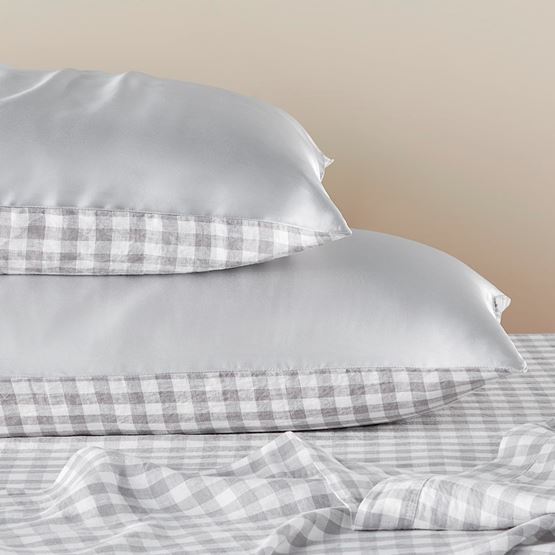 Vintage Washed Linen Silk Grey Check Pillowcase Pair
