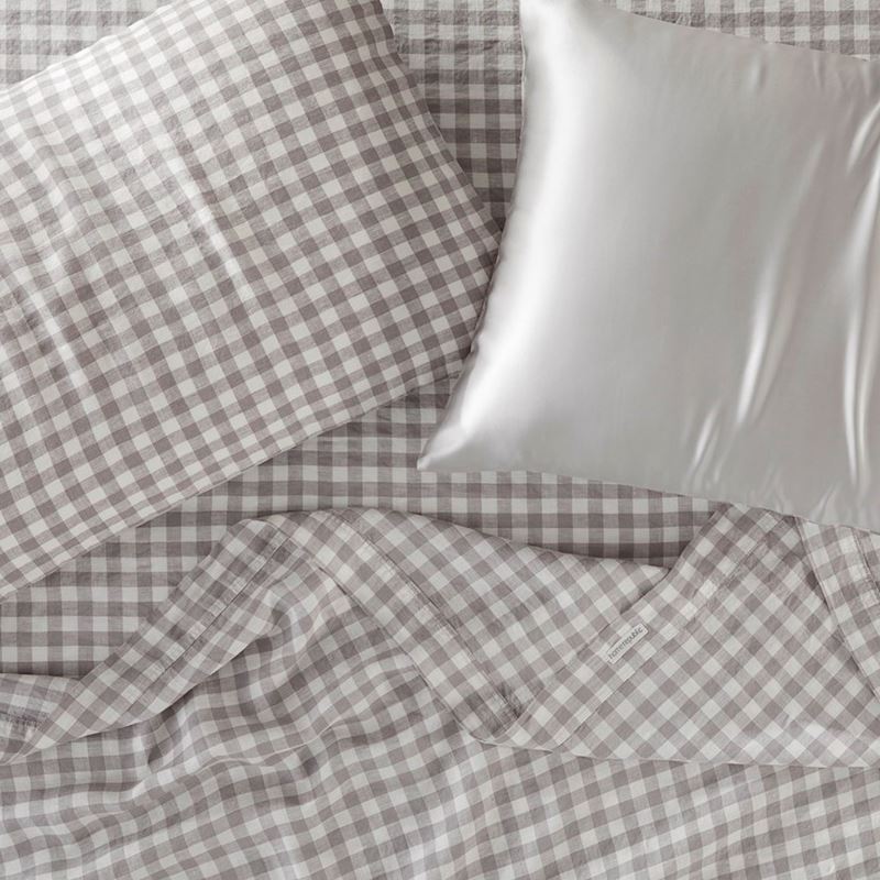 Vintage Washed Linen Silk Grey Check Pillowcase Pair