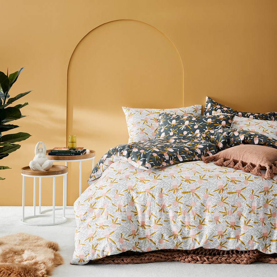 Printed White Banksia Flannelette Quilt Cover Set + Separates Adairs